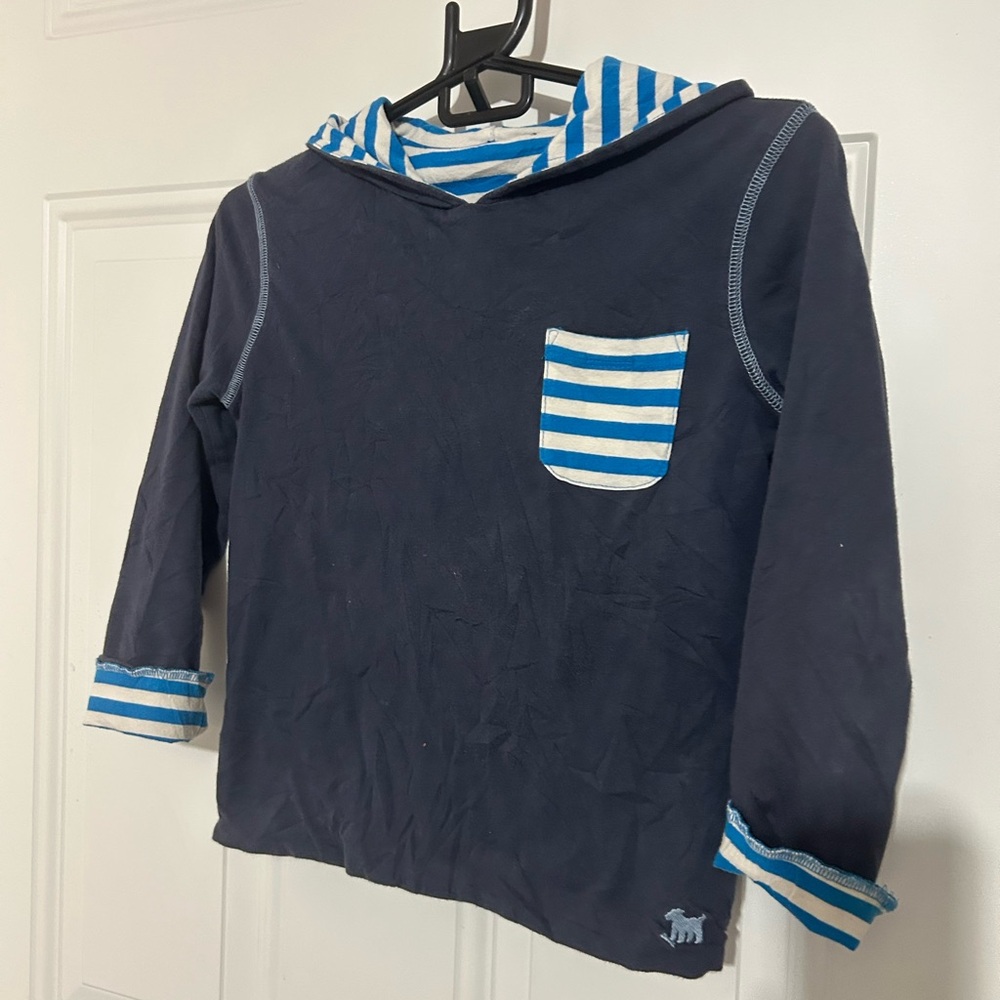 Mini Boden Navy Hoodie with Blue & White Stripe Pocket & Hood